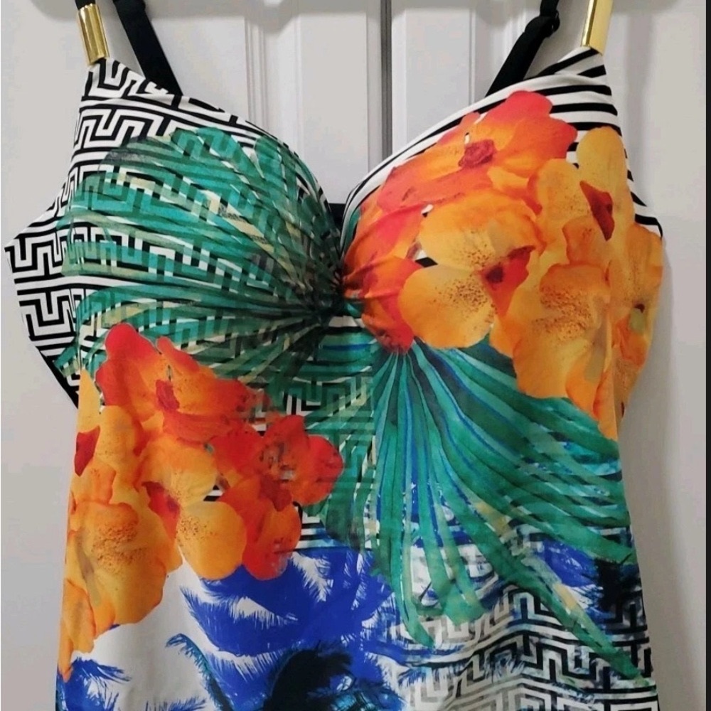 Cacique Black and White Graphic Ruched Tank Top Bikini